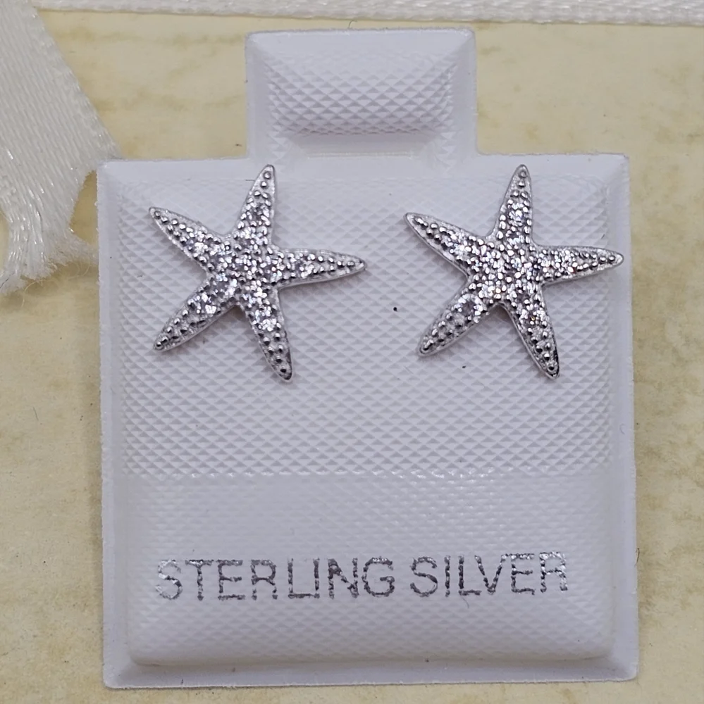Sterling Silver 925 Rhodium Plated Sea Starfish Cubic Zirconia Stud Earrings